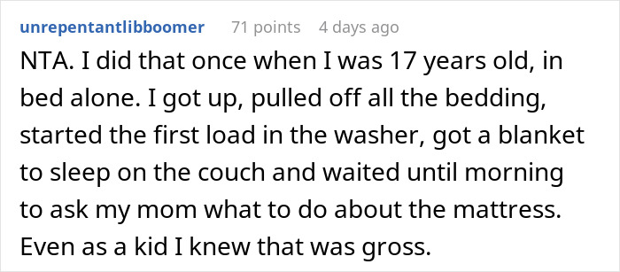 Comment about a man wetting the bed and not seeing it as a big deal, highlighting immaturity and frustration.