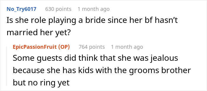 Screenshot of a Reddit conversation discussing groom's brother's girlfriend wearing a sage green dress to a wedding. Screenshot of a Reddit conversation discussing groom's brother's girlfriend wearing a sage green dress to a wedding.