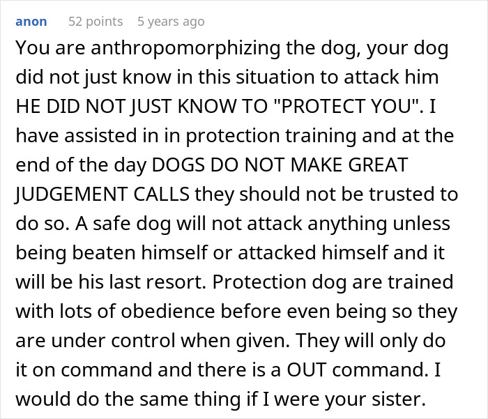 Comment discussing dog attacks and protection training, emphasizing dogs should not be trusted for judgment calls. Comment discussing dog attacks and protection training, emphasizing dogs should not be trusted for judgment calls.