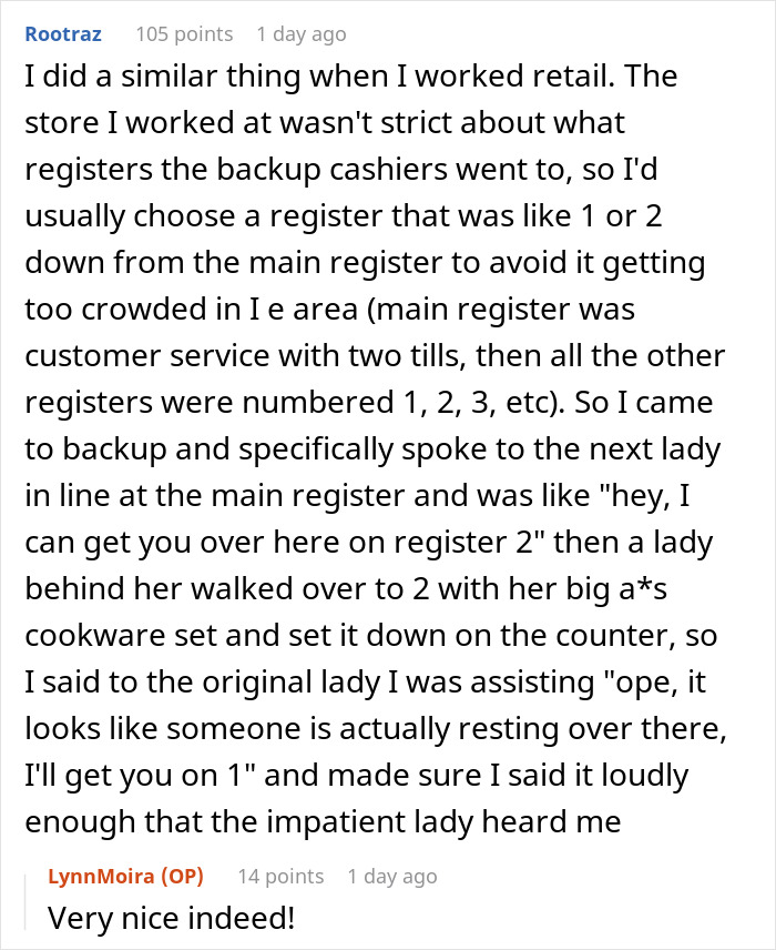 Comment discussing retail experience about a woman cutting line and cashier using her own words to deliver karma at grocery store. Comment discussing retail experience about a woman cutting line and cashier using her own words to deliver karma at grocery store.