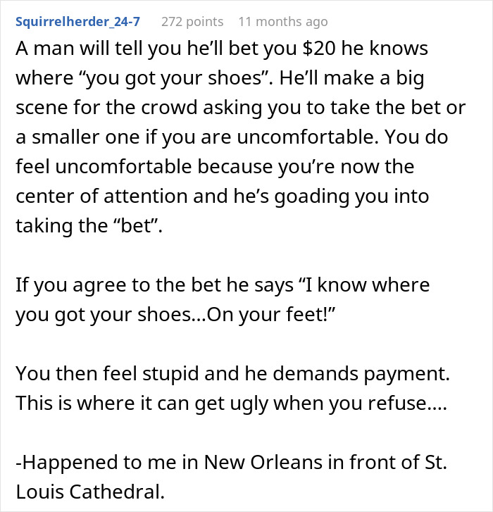 Man describing a common tourist trap scam involving a bet to trick visitors near famous landmarks. Man describing a common tourist trap scam involving a bet to trick visitors near famous landmarks.