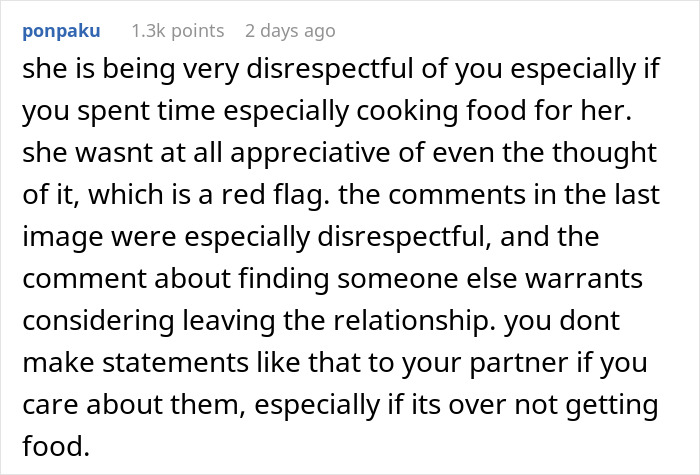 Screenshot of a forum comment discussing disrespect in relationships after one partner threw away dinner made by the other.