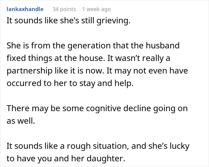 Comment discussing grief and generational roles in home repairs amid a rough sewage disaster situation at home. Comment discussing grief and generational roles in home repairs amid a rough sewage disaster situation at home.