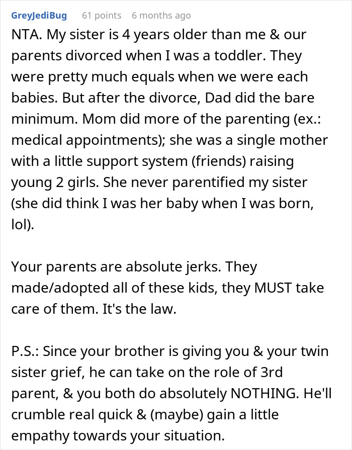 Alt text: Text comment discussing parenting issues and unfair babysitting expectations on 16YO twins missing out on teen life. Alt text: Text comment discussing parenting issues and unfair babysitting expectations on 16YO twins missing out on teen life.