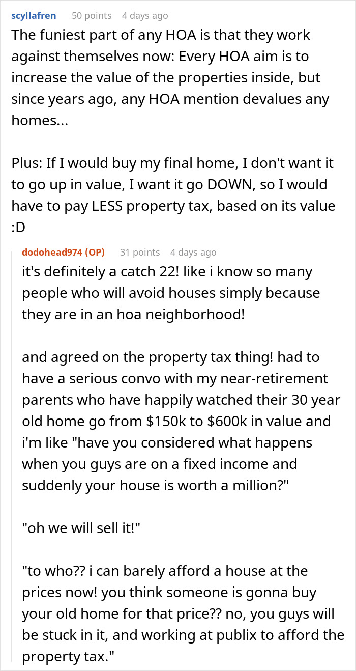 Discussion about challenges of property tax and home value in HOA neighborhoods from frustrated residents.