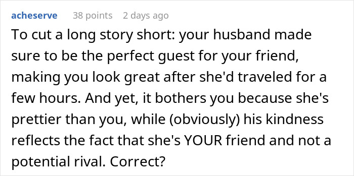 Comment discussing jealousy as woman panics after husband remembers friend’s favorite drink from three years ago. Comment discussing jealousy as woman panics after husband remembers friend’s favorite drink from three years ago.