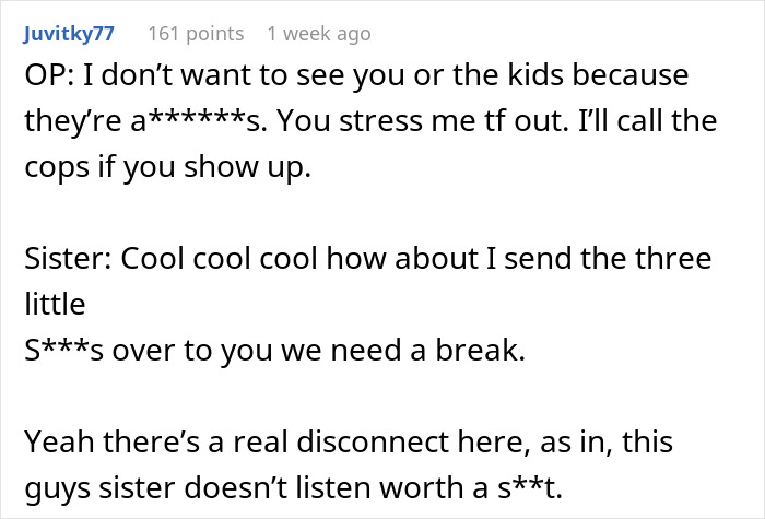 Text conversation showing a woman cutting ties with sister due to lazy parenting turning kids into nightmares.