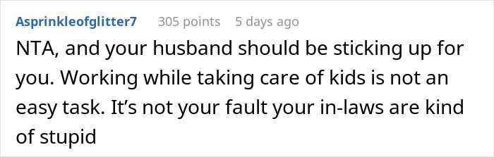 Screenshot of a social media comment defending a working mom against criticism about once-a-week daycare from in-laws. Screenshot of a social media comment defending a working mom against criticism about once-a-week daycare from in-laws.