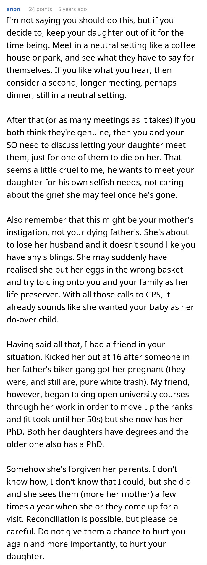 Advice on estranged dad with cancer seeking to reconnect with daughter after disowning her for pregnancy. Advice on estranged dad with cancer seeking to reconnect with daughter after disowning her for pregnancy.