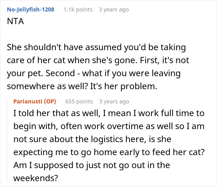 Text conversation about a lady planning a family vacation and dumping cat duties on a roommate who refuses to serve as litter box servant.
