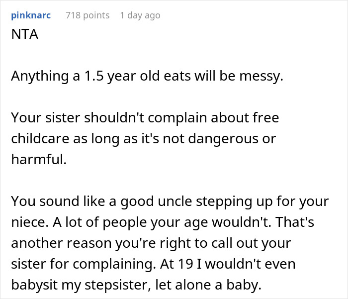 Comment on 19YO caring for sister's kid, defending messy toddler meals, and standing up against sister's criticisms. Comment on 19YO caring for sister's kid, defending messy toddler meals, and standing up against sister's criticisms.