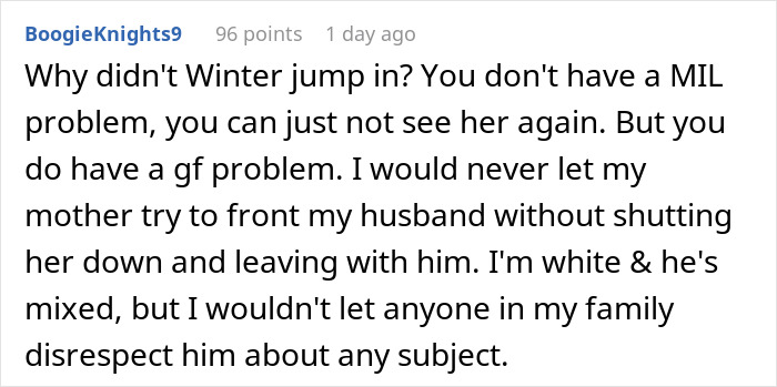 Comment on a forum discussing a racist mom insulting her daughter’s girlfriend’s Black parents during a chaotic dinner. Comment on a forum discussing a racist mom insulting her daughter’s girlfriend’s Black parents during a chaotic dinner.