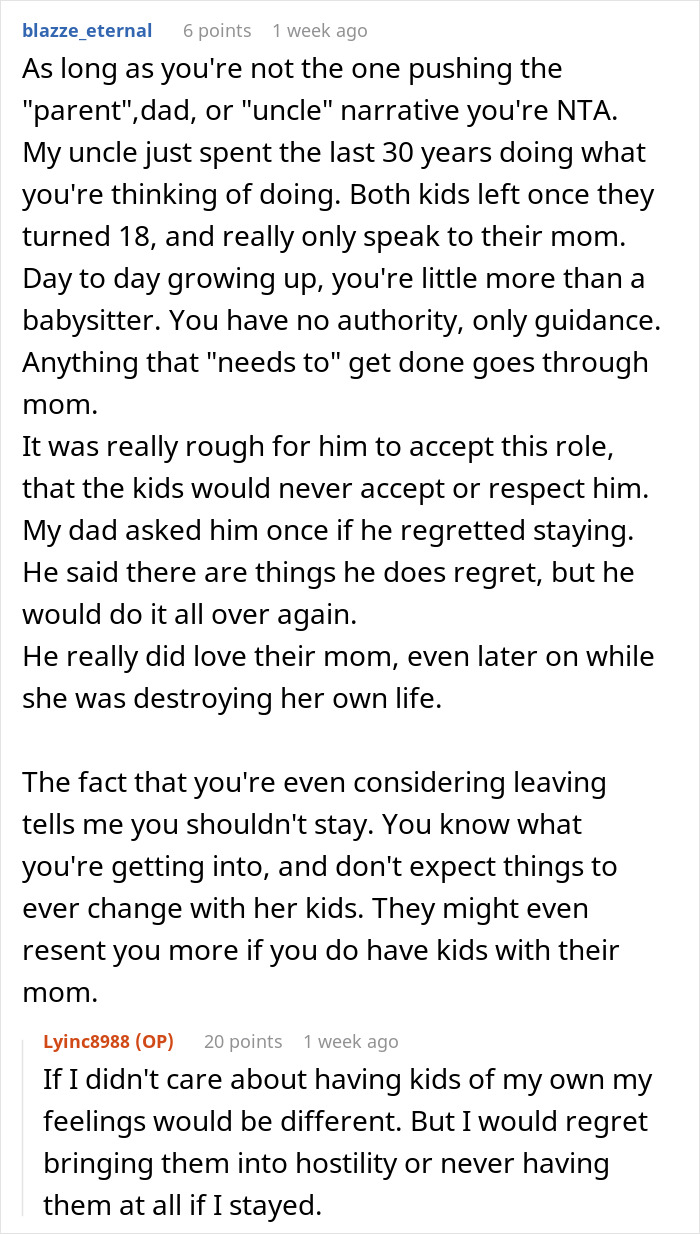 Reddit thread discussing a man trying to win over fiancee’s kids for years and considering breaking up. Reddit thread discussing a man trying to win over fiancee’s kids for years and considering breaking up.