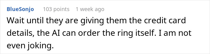Comment discussing AI boyfriend ordering a ring, related to netizens reacting to an AI relationship proposal. Comment discussing AI boyfriend ordering a ring, related to netizens reacting to an AI relationship proposal.