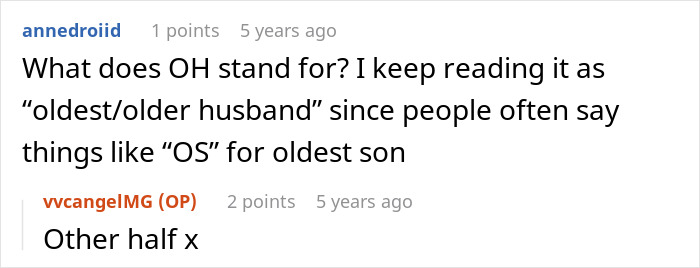 Screenshot of a Reddit conversation discussing the meaning of OH with casual text and usernames visible.