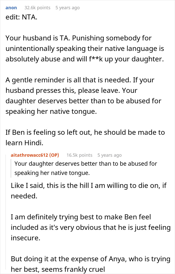 Reddit comment discussing stepdad suggesting punishment for kid using native language her son cannot understand. Reddit comment discussing stepdad suggesting punishment for kid using native language her son cannot understand.