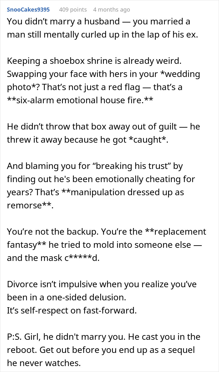 Reddit comment discussing emotional cheating and reasons for divorce related to husband’s attachment to his ex. Reddit comment discussing emotional cheating and reasons for divorce related to husband’s attachment to his ex.