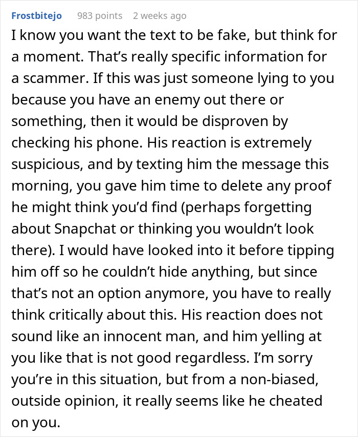 Comment discussing suspicious fiancé text, raising concerns from mom-to-be and friends about possible cheating and gut feelings. Comment discussing suspicious fiancé text, raising concerns from mom-to-be and friends about possible cheating and gut feelings.