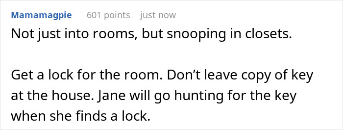 Comment about woman catching guest sneaking into room and advice on securing room with a lock and hiding keys. Comment about woman catching guest sneaking into room and advice on securing room with a lock and hiding keys.
