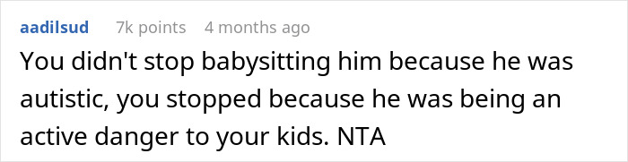 Screenshot of a comment discussing a woman refusing to babysit her autistic nephew due to safety concerns for her children. Screenshot of a comment discussing a woman refusing to babysit her autistic nephew due to safety concerns for her children.