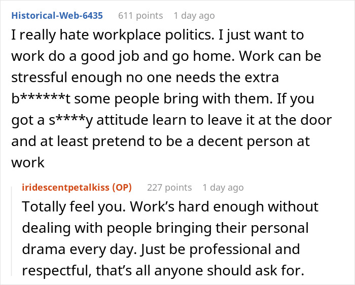 Screenshot of a Reddit thread discussing toxic workplace behavior and drama involving a newbie and HR intervention. Screenshot of a Reddit thread discussing toxic workplace behavior and drama involving a newbie and HR intervention.