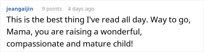 Comment praising a mother for raising a compassionate and mature child, highlighting kindness after bullying over a party seat. Comment praising a mother for raising a compassionate and mature child, highlighting kindness after bullying over a party seat.