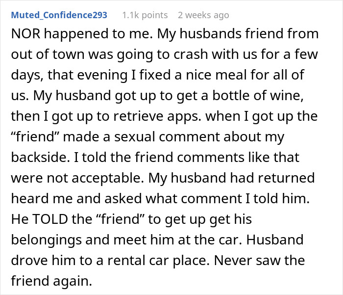 Comment thread discussing a friend’s compliment turning uncomfortable, wife insisting hotel, and husband disagreeing on next steps. Comment thread discussing a friend’s compliment turning uncomfortable, wife insisting hotel, and husband disagreeing on next steps.