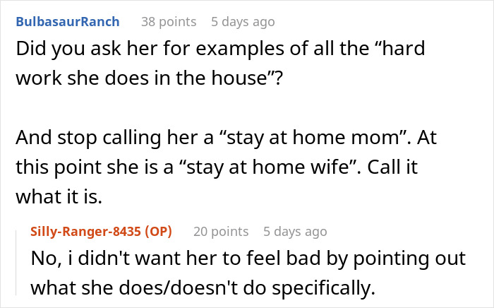 Screenshot of an online discussion about a man saying wife can find a job as a stay-at-home mom while doing no chores. Screenshot of an online discussion about a man saying wife can find a job as a stay-at-home mom while doing no chores.