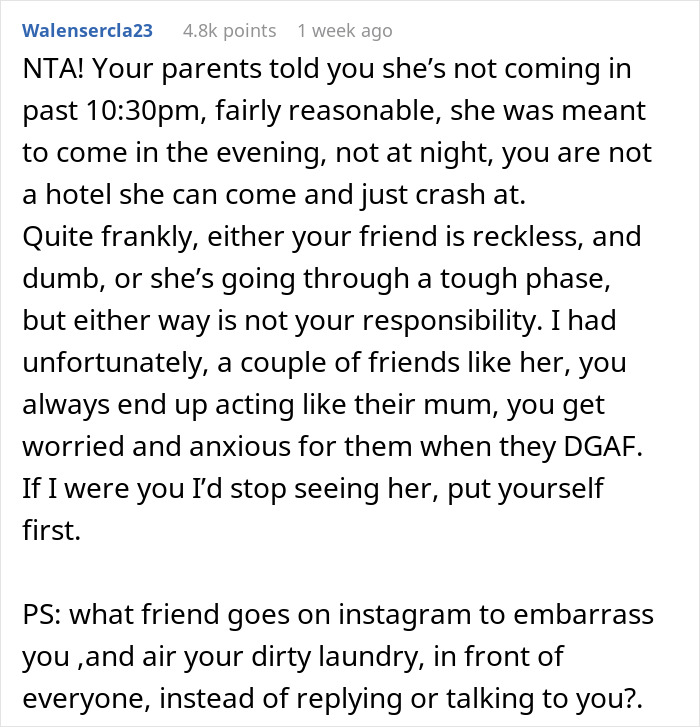 Comment on a forum post about a teen showing up at best friend’s door at 4 AM, confused why she’s not welcome. Comment on a forum post about a teen showing up at best friend’s door at 4 AM, confused why she’s not welcome.