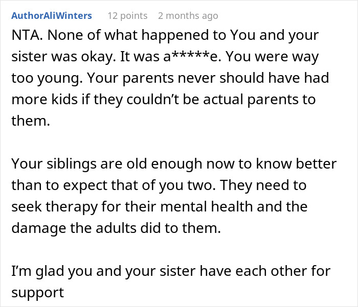 Text excerpt discussing a difficult relationship involving siblings, sister, and mom, emphasizing support and mental health. Text excerpt discussing a difficult relationship involving siblings, sister, and mom, emphasizing support and mental health.