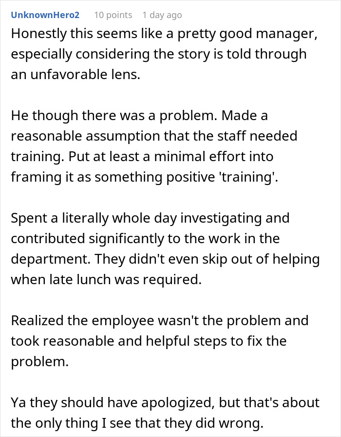 Alt text: Online comment discussing a manager who misjudged a woman's work performance and learned the true issue. Alt text: Online comment discussing a manager who misjudged a woman's work performance and learned the true issue.