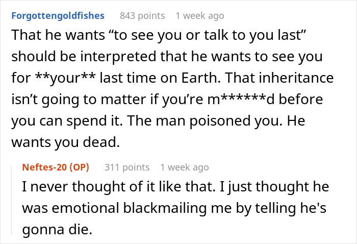 Screenshot of a Reddit discussion about a man getting sick after eating food his dad touched, suspecting intentional harm.