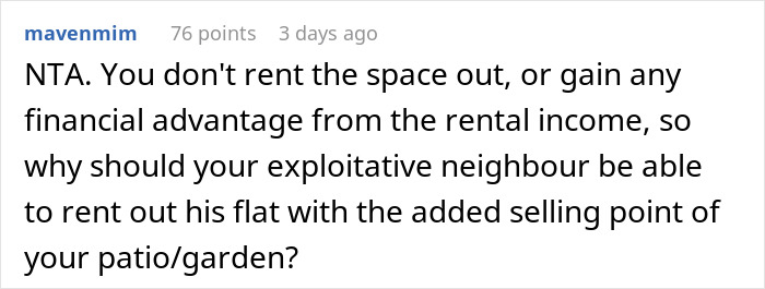 Comment discussing neighbor refusing patio use by tourists and Airbnb host calling it discrimination in online forum. Comment discussing neighbor refusing patio use by tourists and Airbnb host calling it discrimination in online forum.
