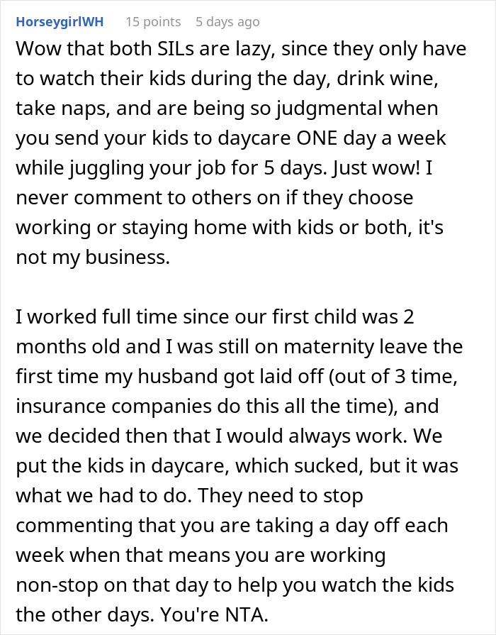 Commenter defends working mom juggling job and once-a-week daycare amid in-laws' judgment and misunderstandings. Commenter defends working mom juggling job and once-a-week daycare amid in-laws' judgment and misunderstandings.