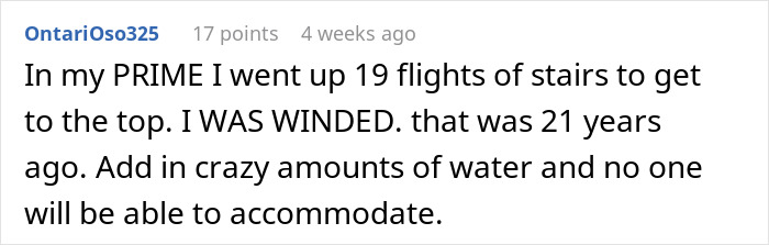 Comment about climbing 19 flights of stairs carrying water, relating to customer demands on Instacart shoppers. Comment about climbing 19 flights of stairs carrying water, relating to customer demands on Instacart shoppers.