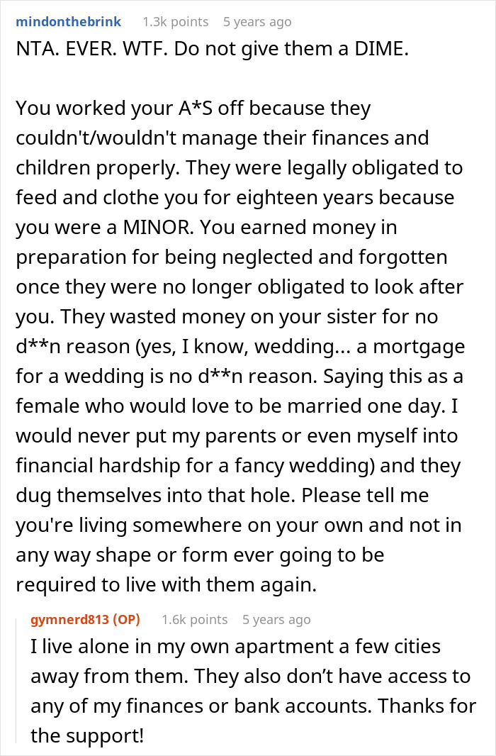 Reddit post showing a woman refusing to hand over her savings after parents claim it’s rightfully theirs. Reddit post showing a woman refusing to hand over her savings after parents claim it’s rightfully theirs.