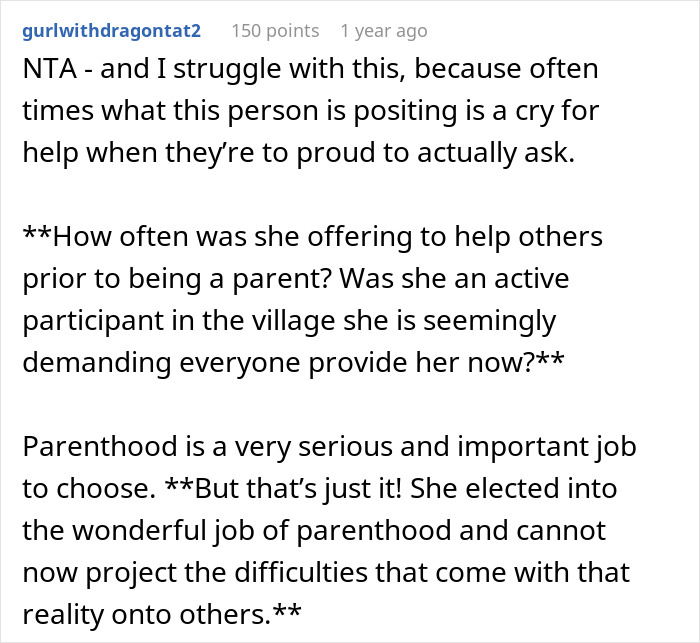 Screenshot of a Reddit comment discussing challenges of parenting and expecting help on a long flight with kids. Screenshot of a Reddit comment discussing challenges of parenting and expecting help on a long flight with kids.