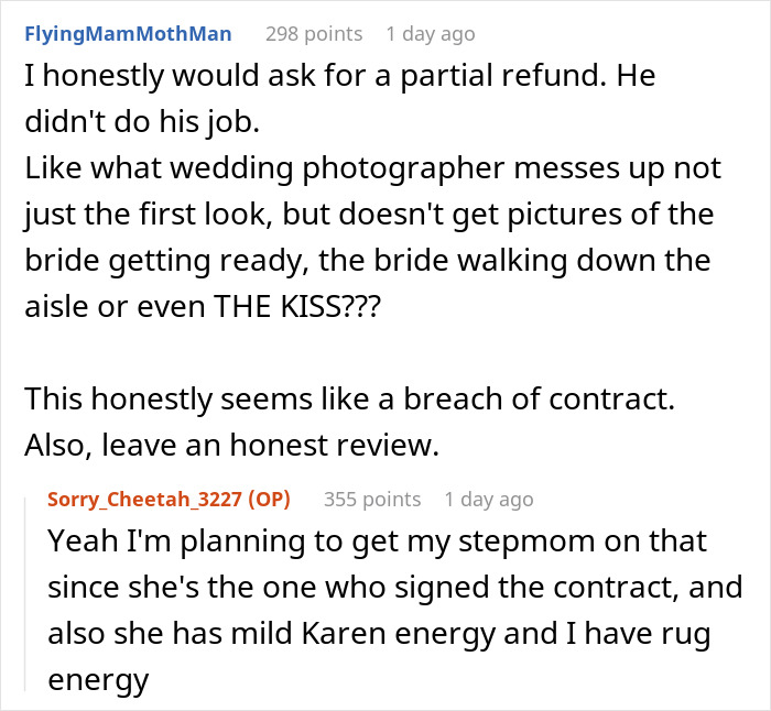 Comments criticizing a wedding photographer missing key moments, discussing breach of contract and refunds. Comments criticizing a wedding photographer missing key moments, discussing breach of contract and refunds.