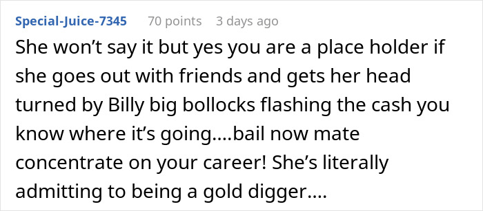 Comment discussing a man’s heartbreak as his girlfriend reveals she wants a rich husband, not a hardworking partner.