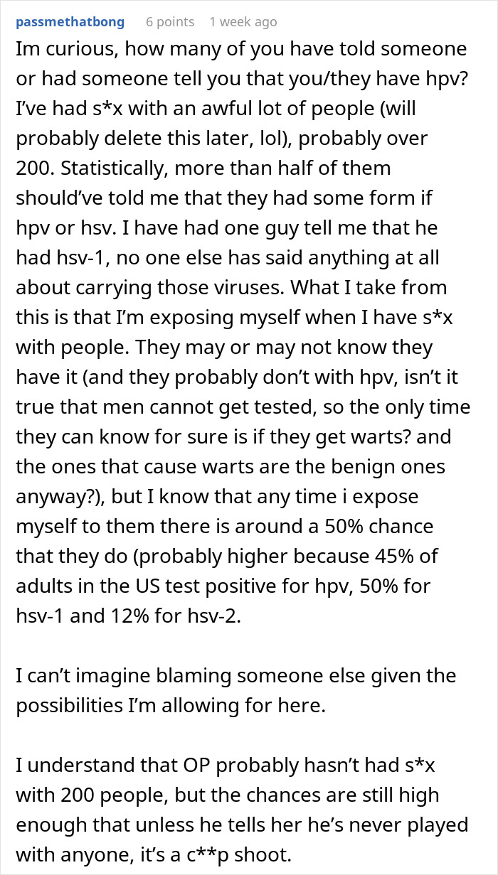Text post discussing HPV statistics and experiences, highlighting exposure risks and challenges in disclosure among partners. Text post discussing HPV statistics and experiences, highlighting exposure risks and challenges in disclosure among partners.