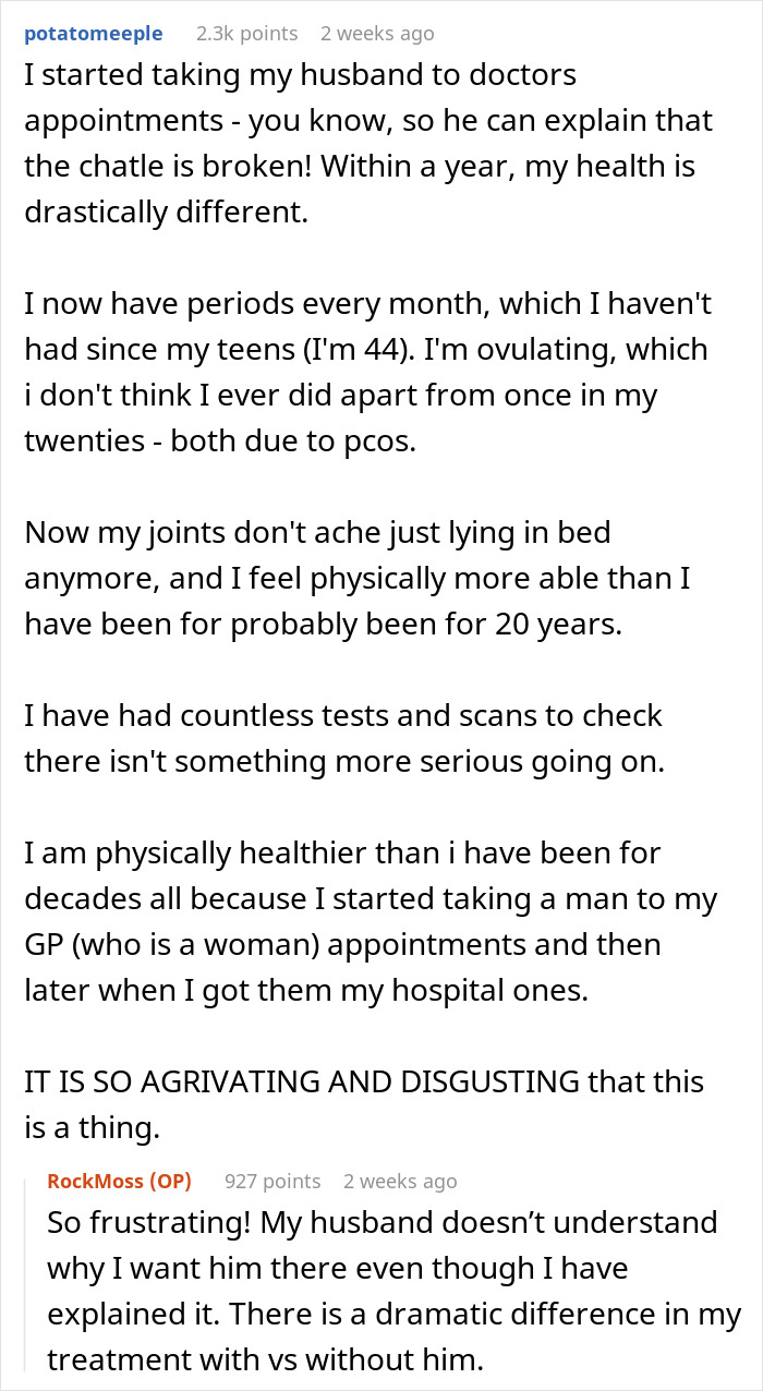 Screenshot of online comments describing a woman's chronic pain dismissed by doctors until her husband advocates for her. Screenshot of online comments describing a woman's chronic pain dismissed by doctors until her husband advocates for her.