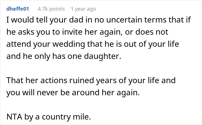 Screenshot of a user comment discussing cutting ties with family after a woman’s old fight with stepsister causes lasting conflict. Screenshot of a user comment discussing cutting ties with family after a woman’s old fight with stepsister causes lasting conflict.