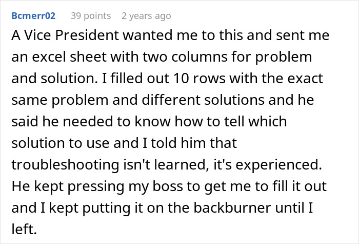 Comment about VP requesting knowledge transfer in Excel sheet, employee clapping back with two weeks notice before PTO. Comment about VP requesting knowledge transfer in Excel sheet, employee clapping back with two weeks notice before PTO.