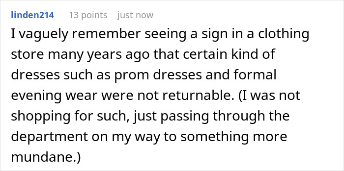 Screenshot of a social media comment discussing return policies, related to a woman’s bakery refund dispute.