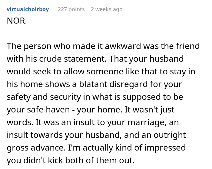 Comment discussing a friend’s crude compliment causing discomfort, with wife urging hotel stay and husband disagreeing. Comment discussing a friend’s crude compliment causing discomfort, with wife urging hotel stay and husband disagreeing.