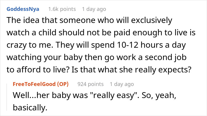 Reddit discussion text about babysitters’ living wages and the challenges they face balancing multiple jobs. Reddit discussion text about babysitters’ living wages and the challenges they face balancing multiple jobs.