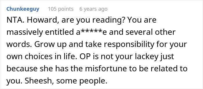 Screenshot of an online comment discussing a guy accusing his sister of being a stranger to his kids after refusing childcare. Screenshot of an online comment discussing a guy accusing his sister of being a stranger to his kids after refusing childcare.