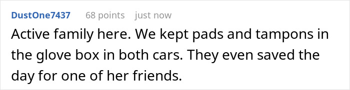 Comment discussing keeping pads and tampons in cars, referencing family and period product support.