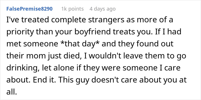 Comment expressing disappointment in a boyfriend’s true character revealed after woman’s mother’s death.