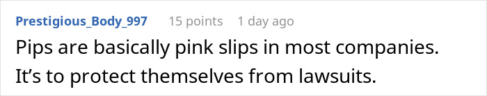 Text comment about PIPs compared to pink slips, explaining companies use them to avoid lawsuits, reflecting toxic newbie workplace issues. Text comment about PIPs compared to pink slips, explaining companies use them to avoid lawsuits, reflecting toxic newbie workplace issues.